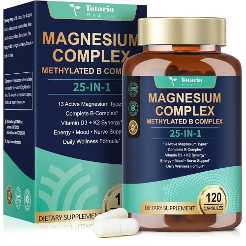 Share this product    Totaria 25-in-1 Magnesium Complex with Methylated B Complex Magnesium Glycinate Citrate Malate Taurate Gluconate Aspartate Carbonate D3 K2, Magnesium Supplement for Relaxation Energy & Nerve, 120 Vegan Caps
