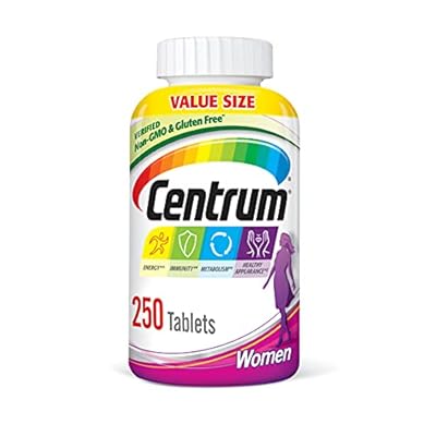 Centrum Multivitamin for Women, Multivitamin/Multimineral Supplement with Iron, Vitamin D3, B Vitamins and Antioxidant Vitamins C and E, Tablet, Gluten Free, Non-GMO Ingredients - 250 Count